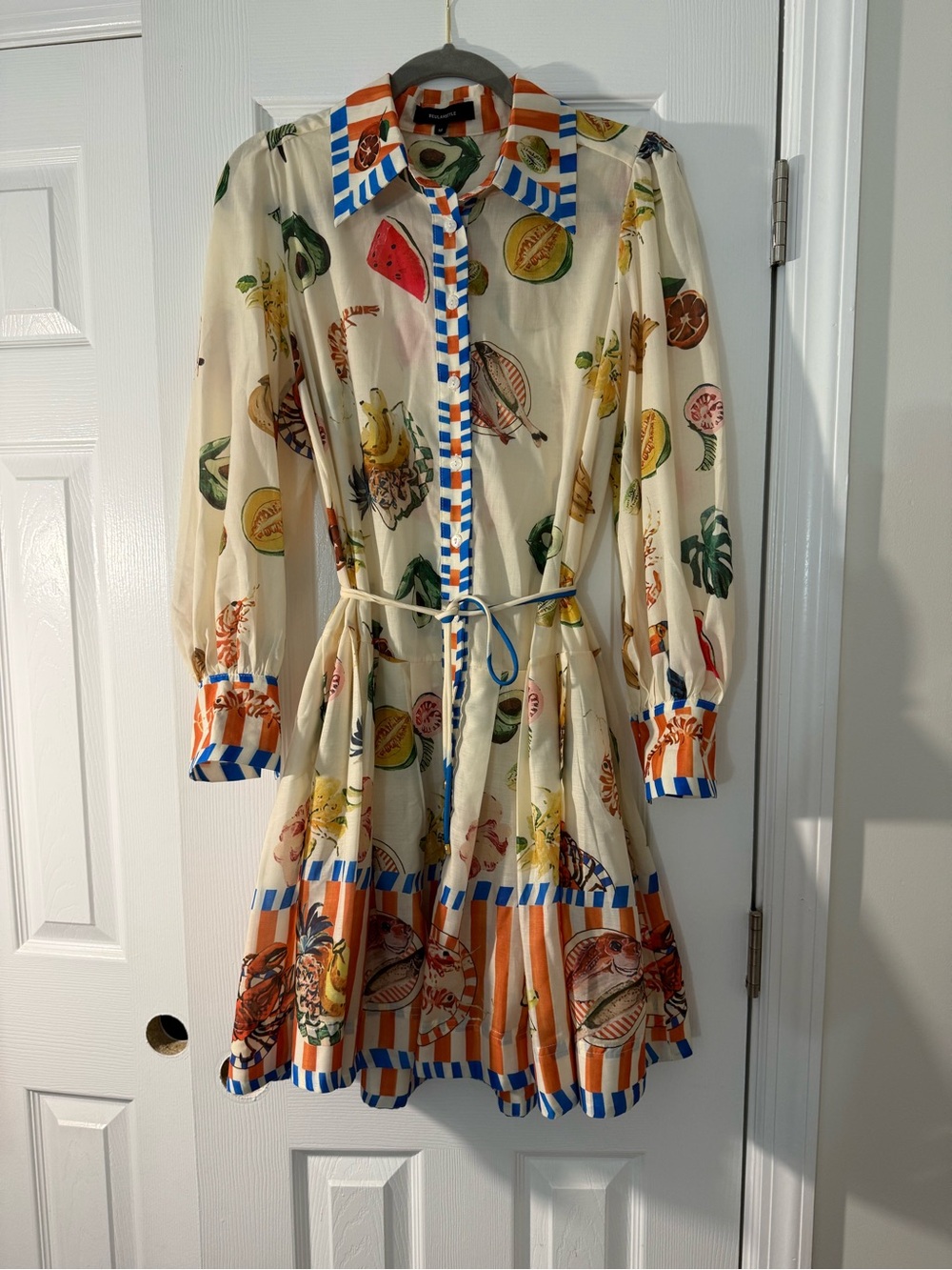 Beulah Cream Fruit-Print Long Sleeve Shirt Dress with Blue & Orange Trim